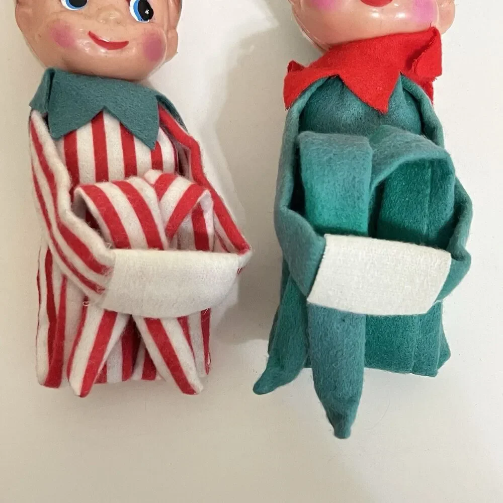 Vintage Knee Hugger Elf Pixie Doll Christmas Ornaments Rubber Face Lot of 2